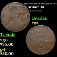 1860 Great Britain 1 Penny KM# 749.1 Grades vg, ve