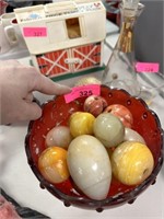 RED GLASS COMPOTE W EGGS