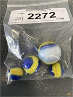 BAG OF 4 MARBLES, ASSORTED SIZES--BLUE/ YELLOW