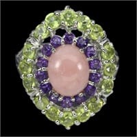 Natural Pink Opal 10x8MM, Amethyst &  Peridot Ring