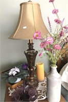 Lamp, Vase, Candle, African Violets And Glassware