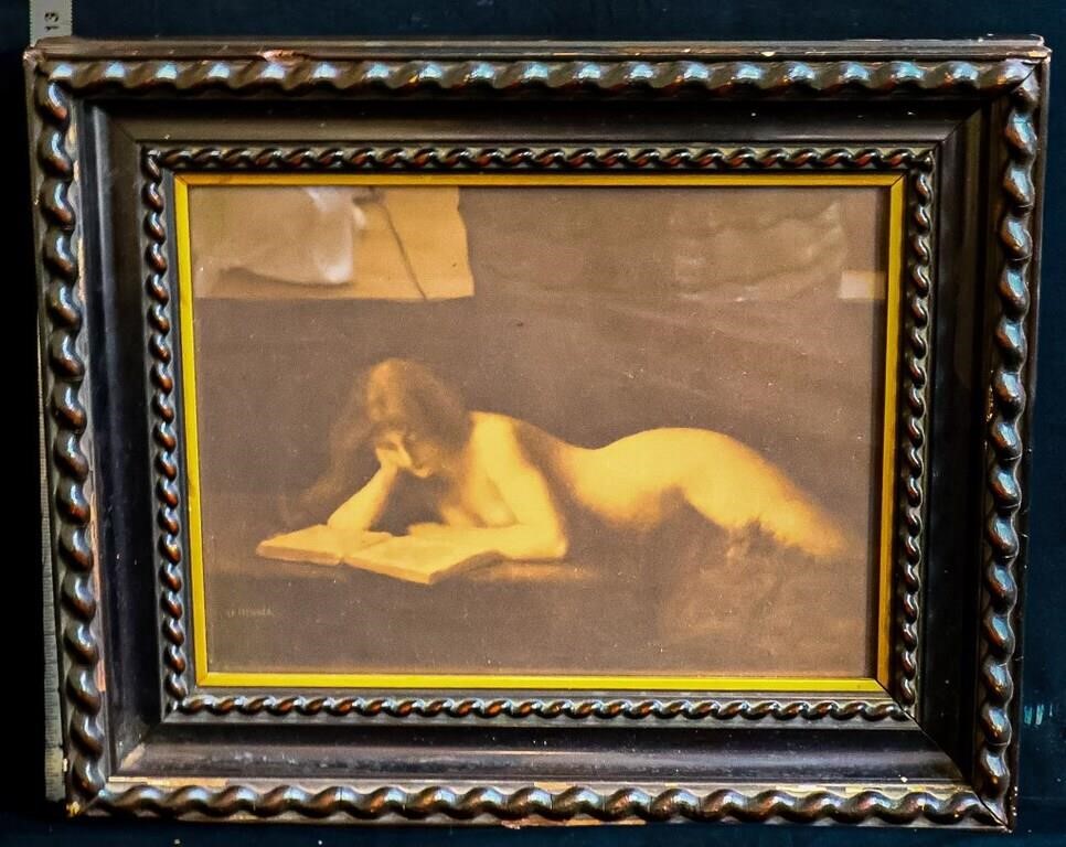 Vntg framed 15.5x12.5 nude art of lady reading
