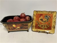 2pc Rooster Decor, Plate, Metal Dish w/Fake Apples