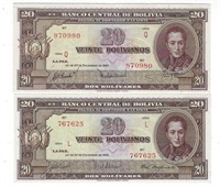 Bolivia 20 Bolivianos 1945 UNC x 2.est $40. BO1a