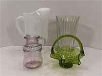 Misc Glassware (Green Basket, Pitcher, Vase)