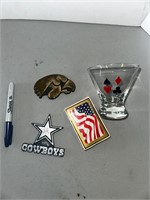 Misc items - deck of cards, shot glass, hawkeyes