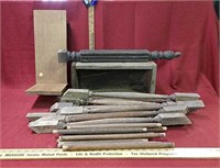 Assortment of Wood Table Legs, Dowels, Wood Box