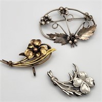 3 Sterling Floral Brooches