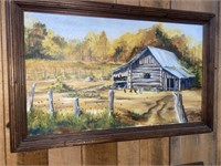 Log cabin, chicken, yard painting on canvas