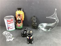 6 statuettes dont chat, baleine (matières variées)