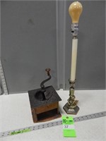 Coffee grinder; missing parts and a table lamp