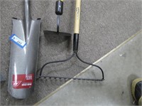 3 garden tools - hoe, rake, and drain spade - new