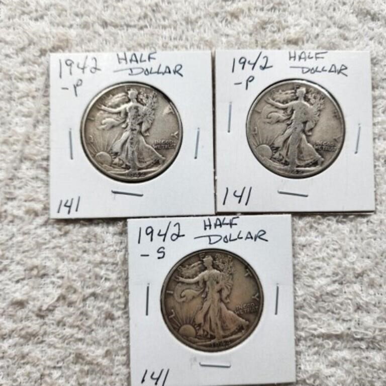 3 Walking Liberty Half Dollars 1942P,1942P,1942S