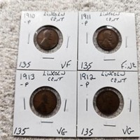 5 Lincoln Cents 1910P VF,1911P F,1912P VG,1913P VG