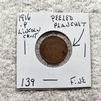 1916P Error Lincoln Cent Peeled Planchet on Revere