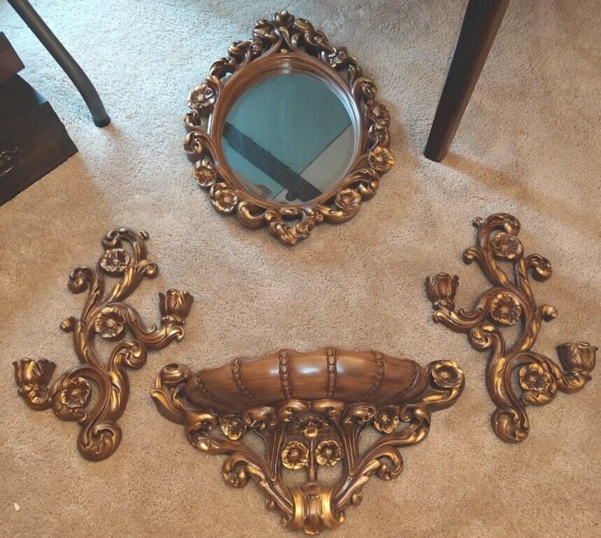 Gold Tone Ceramic Wall Mirror & Sconce