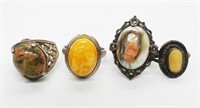 (4) VINTAGE SHELL & NATURAL STONE RINGS