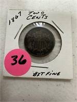 1867 Two Cents Shield 2 Cent Ext Fine