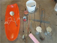 ice fishing items, sled, tipup