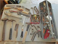 metal tool tray, hammers, tools