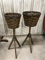 2 Wood Wicker Plant Stands