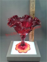 Fenton compote 6 1/2" - red flowered pattern with