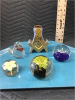 Art Glass Paperweights Tray Lot with Freemason