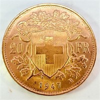 1947 20 Franc Helvetia Gold Coin