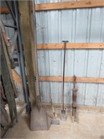 Old yard tools, potatoe planter, shovel w/long 8'
