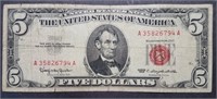 1963 Red Seal $5 Five Dollar Note - Nice Example!