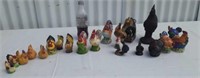 Chickens hens and roosters, knick knacks and salt