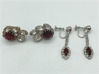 2 Pair Fancy Ruby Red Silver Rhinestone Earrings