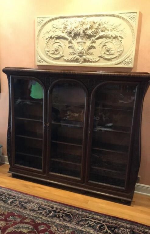 Antique Oak Bookshelf w/ 3 Glass Doors