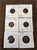6 Indian Head Pennies Lot 1887-1899