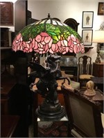 Patinated Classical metal & slag glass table lamp
