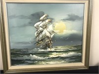 Framed Painting on Canvas of Ship, Signed