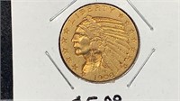 Gold: 1908 $5 Indian Gold Coin, Better Grade