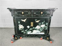 Oriental Black Lacquer Cabinet W Embossed Design