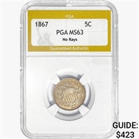 1867 Shield Nickel PGA MS63 No Rays