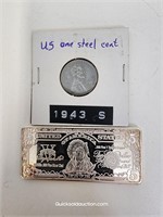 US 1943's Steel Penny, $5.00 Silver Plated Bar On