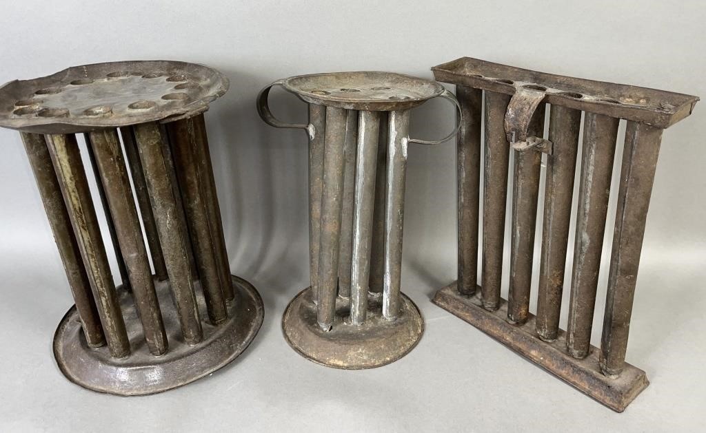 3 rustic tin candlemolds ca. 19th century; all