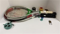 (3) tennis rackets, (8) skateboard wheels