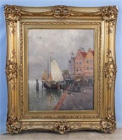 R. Van Son (19th C) Dutch Harbor Scene O/C