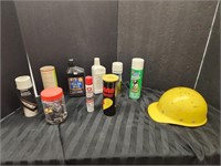 Hard Hat, Various Partial Bottles of Cleaner &