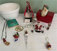 WHITE PORCELAIN BOWL AND CHRISTMAS ORNAMENTS