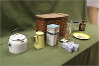 Basket w/ Enamel Pots, Tins & Assorted items