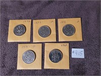 1969, 1970, 1972, 1973, 1973 Caiadian 50cent coins