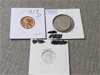 1953 & 1988 Foreign Coins & 1959 D UNC Penny