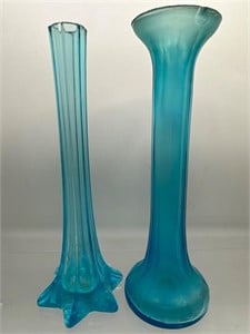 2 vintage blue glass bud vases