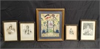 Group of etchings & military style mixed media art